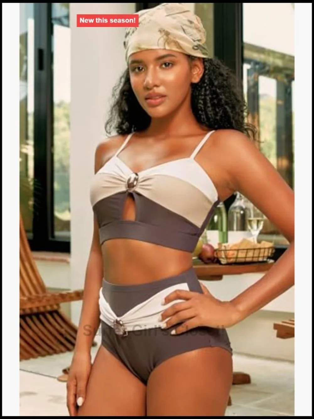 High Waisted Colorblock Bikini Set with Oval Metal Cutout